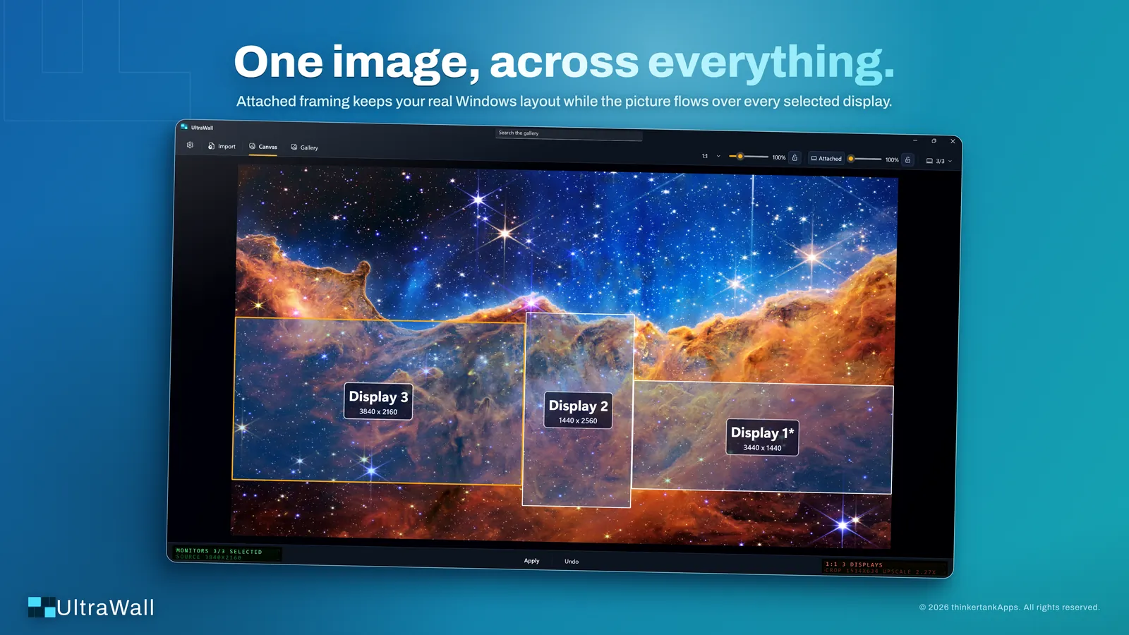 UltraWall Attached framing flowing one image across three displays in their real Windows layout
