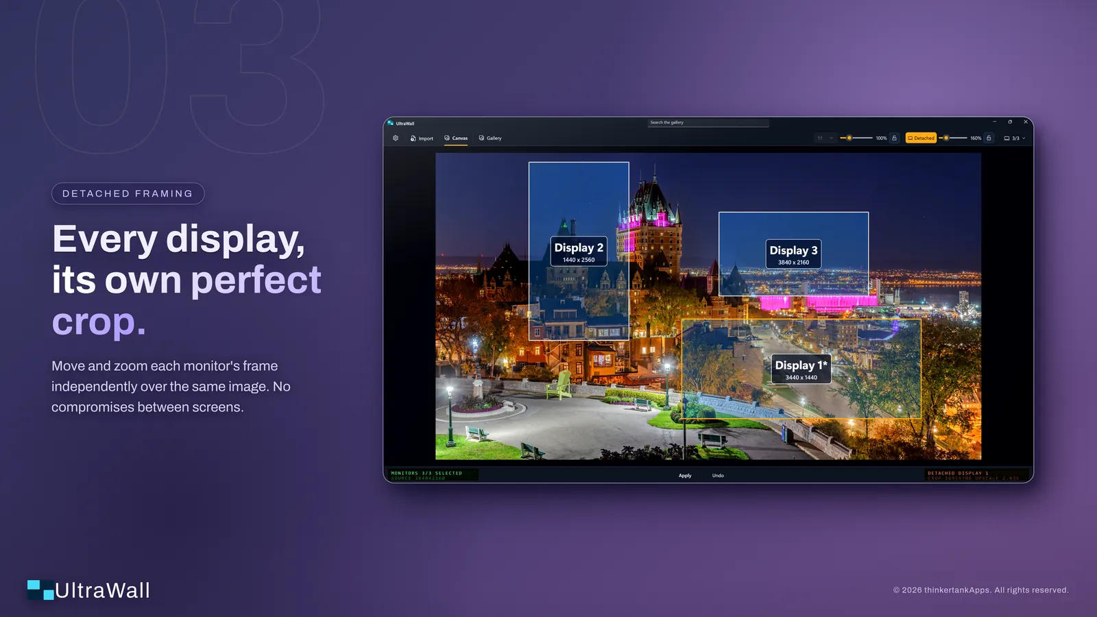 UltraWall Detached framing: each display's frame moved and zoomed independently over the same image