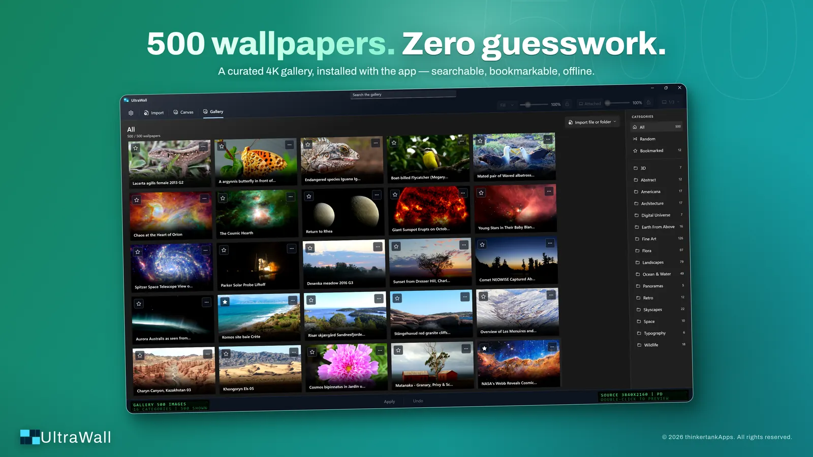 UltraWall gallery with 500 curated 4K wallpapers in 16 categories
