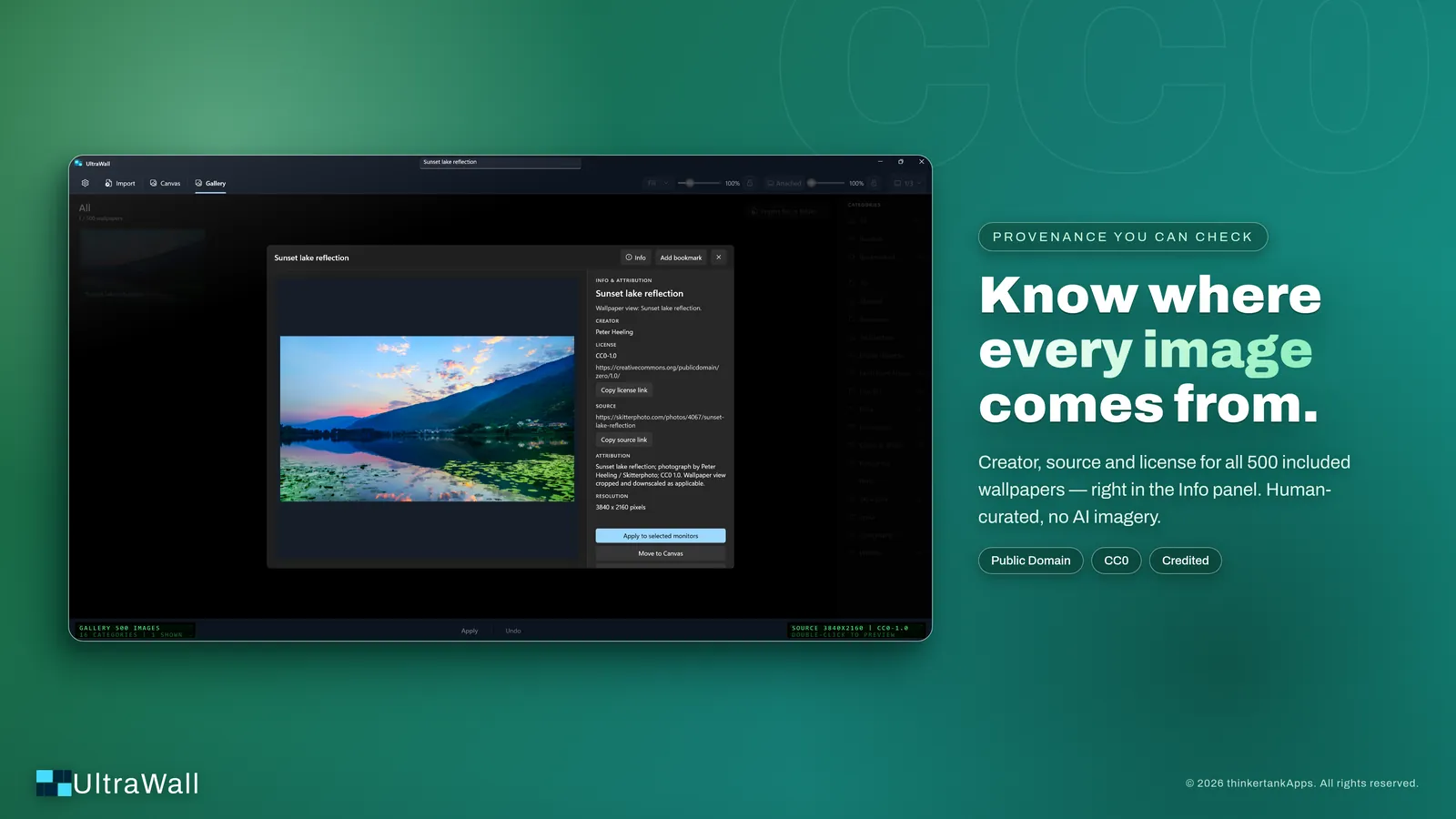UltraWall Info panel showing creator, source and license for an included wallpaper
