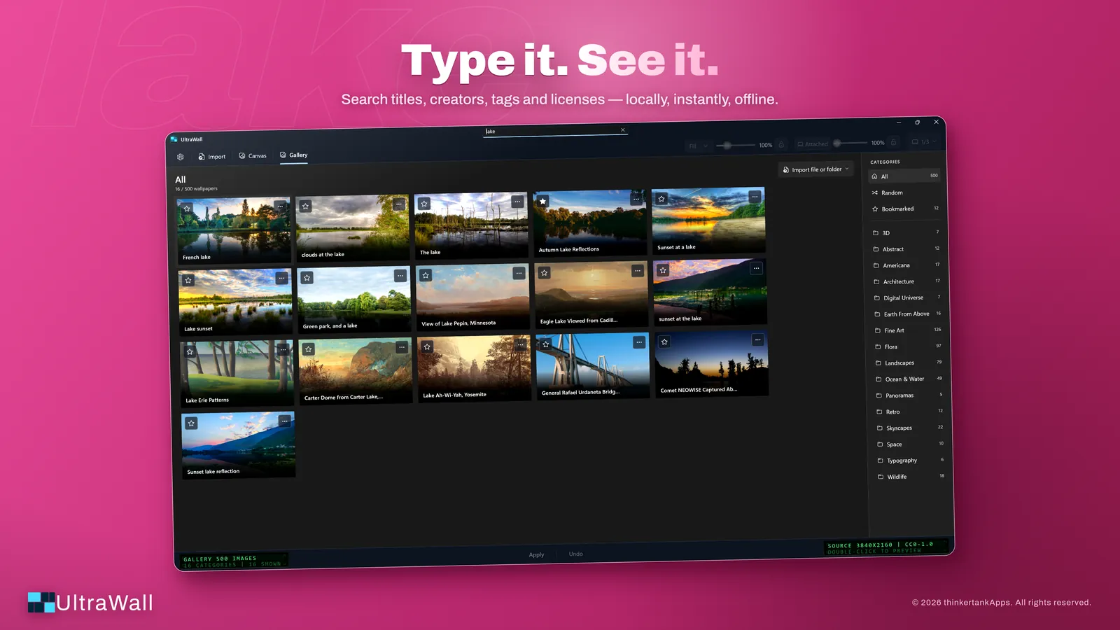 UltraWall local search filtering the gallery by title, creator, tags and license