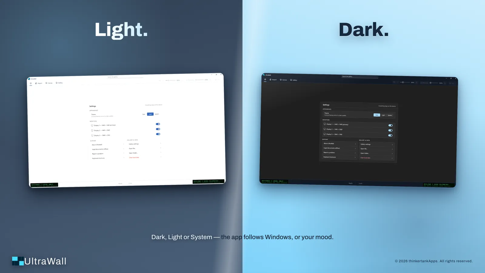 UltraWall Settings shown in Light theme on a dark ground and Dark theme on a light ground