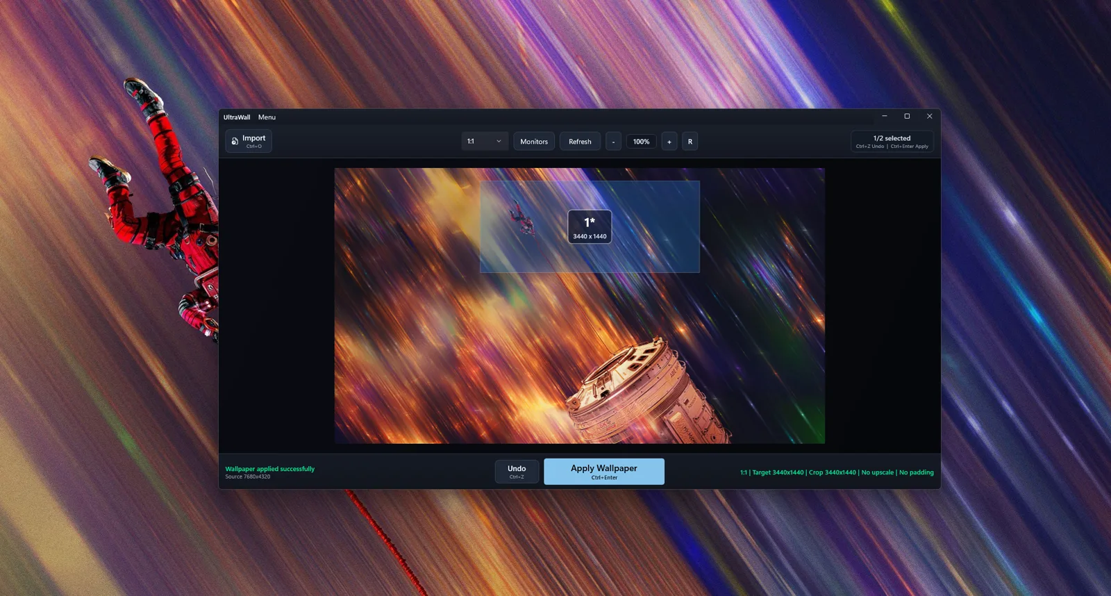UltraWall confirming a wallpaper applied successfully, with the astronaut wallpaper live across the desktop behind the window