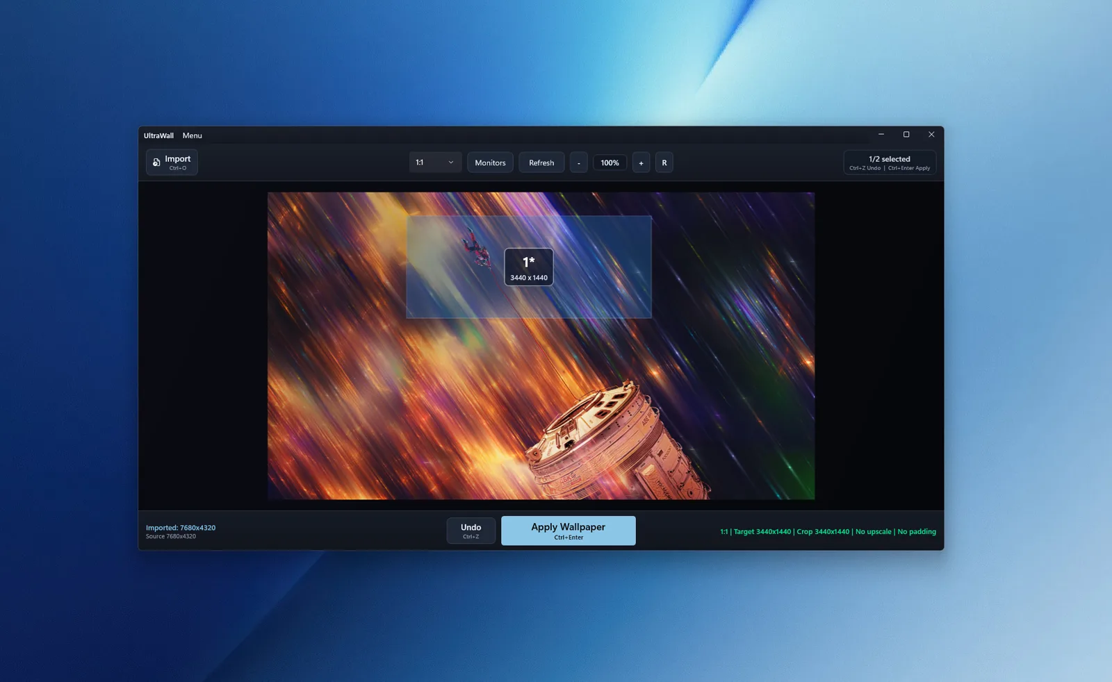 UltraWall in dark theme positioning a monitor overlay over an astronaut wallpaper