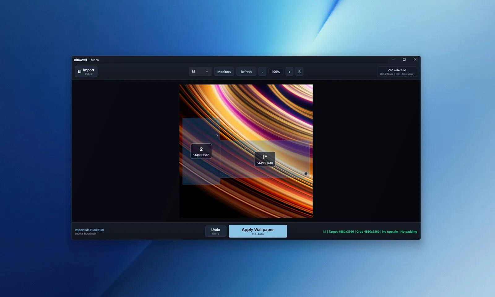 UltraWall in dark theme with a celestial wallpaper imported and two monitor overlays positioned on the composition canvas