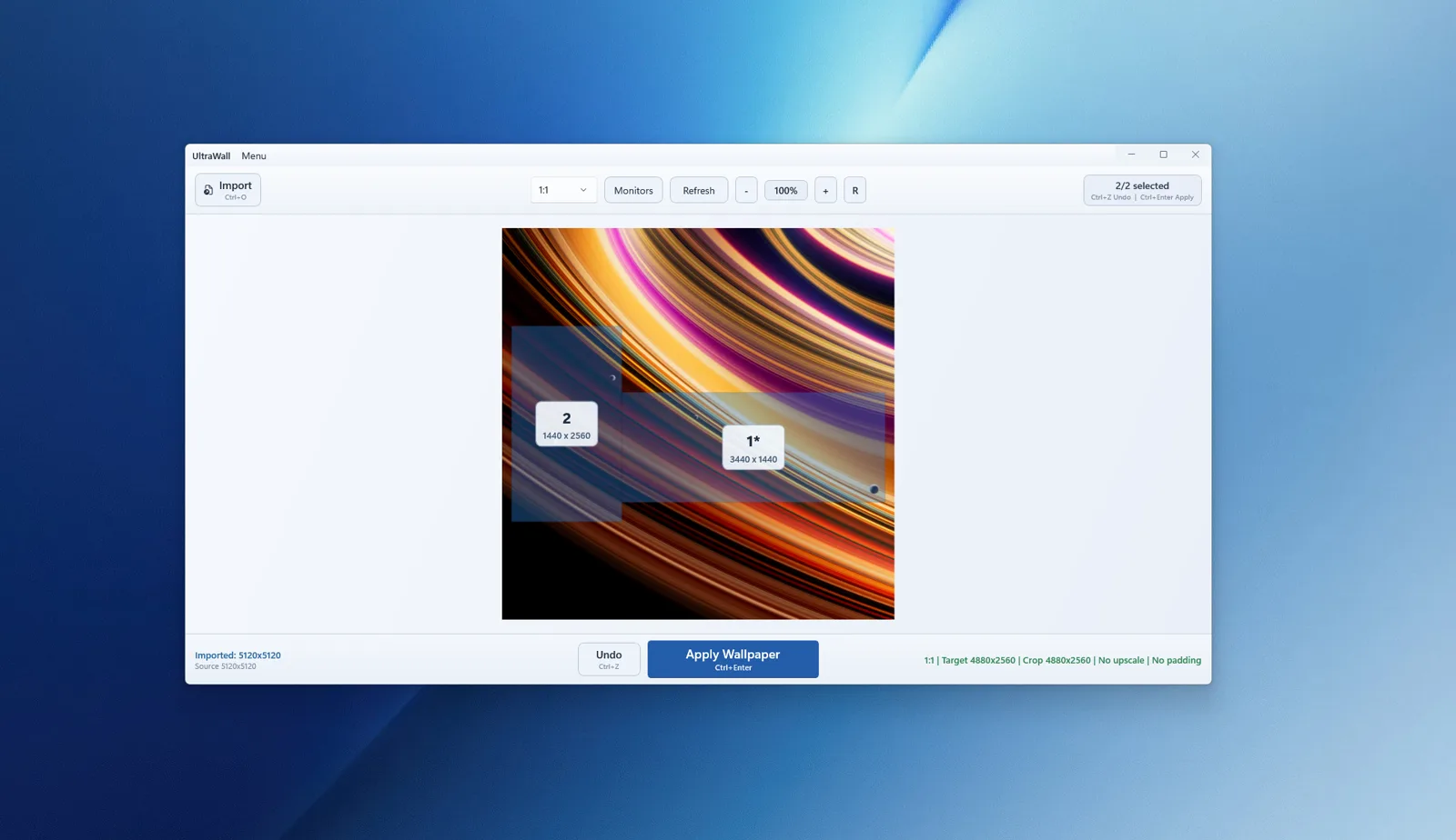 UltraWall composing a celestial wallpaper across two monitor overlays, with the crop readout showing target and crop dimensions