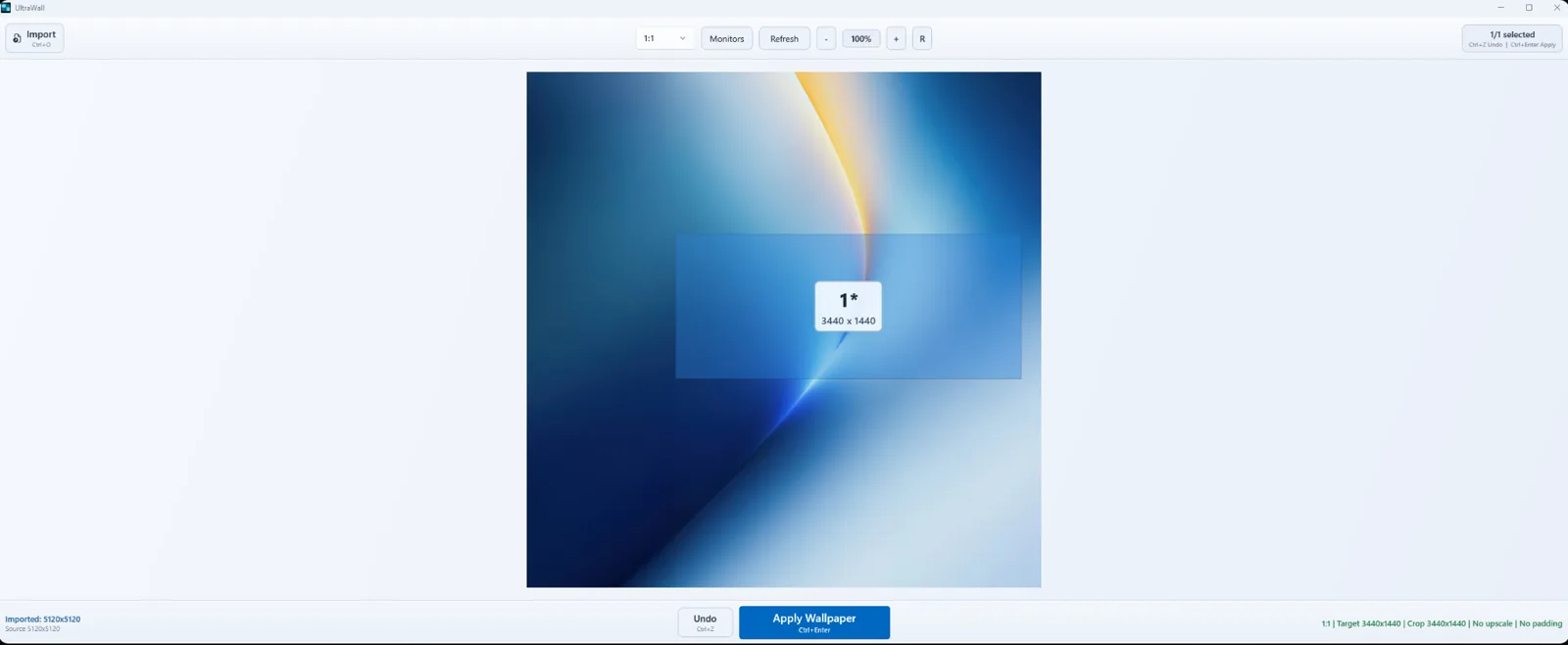 UltraWall status bar showing the exact target, crop, upscale and padding numbers before applying