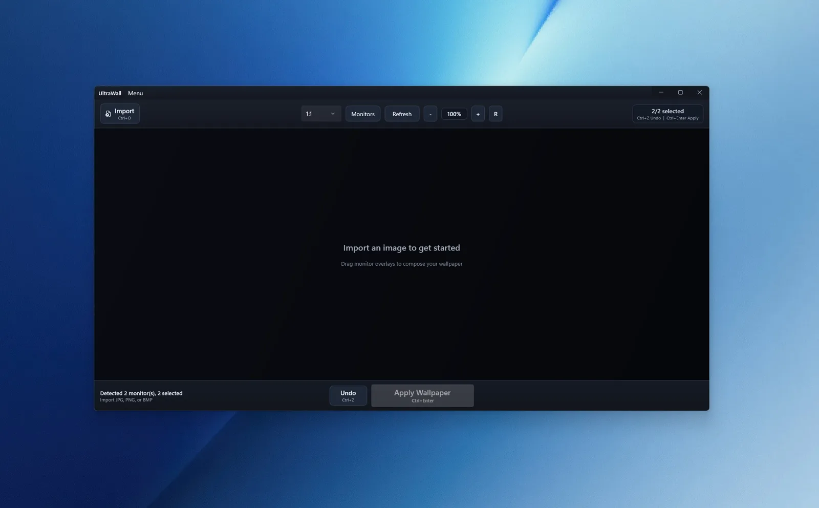 UltraWall empty state in dark theme, prompting to import an image, two monitors detected