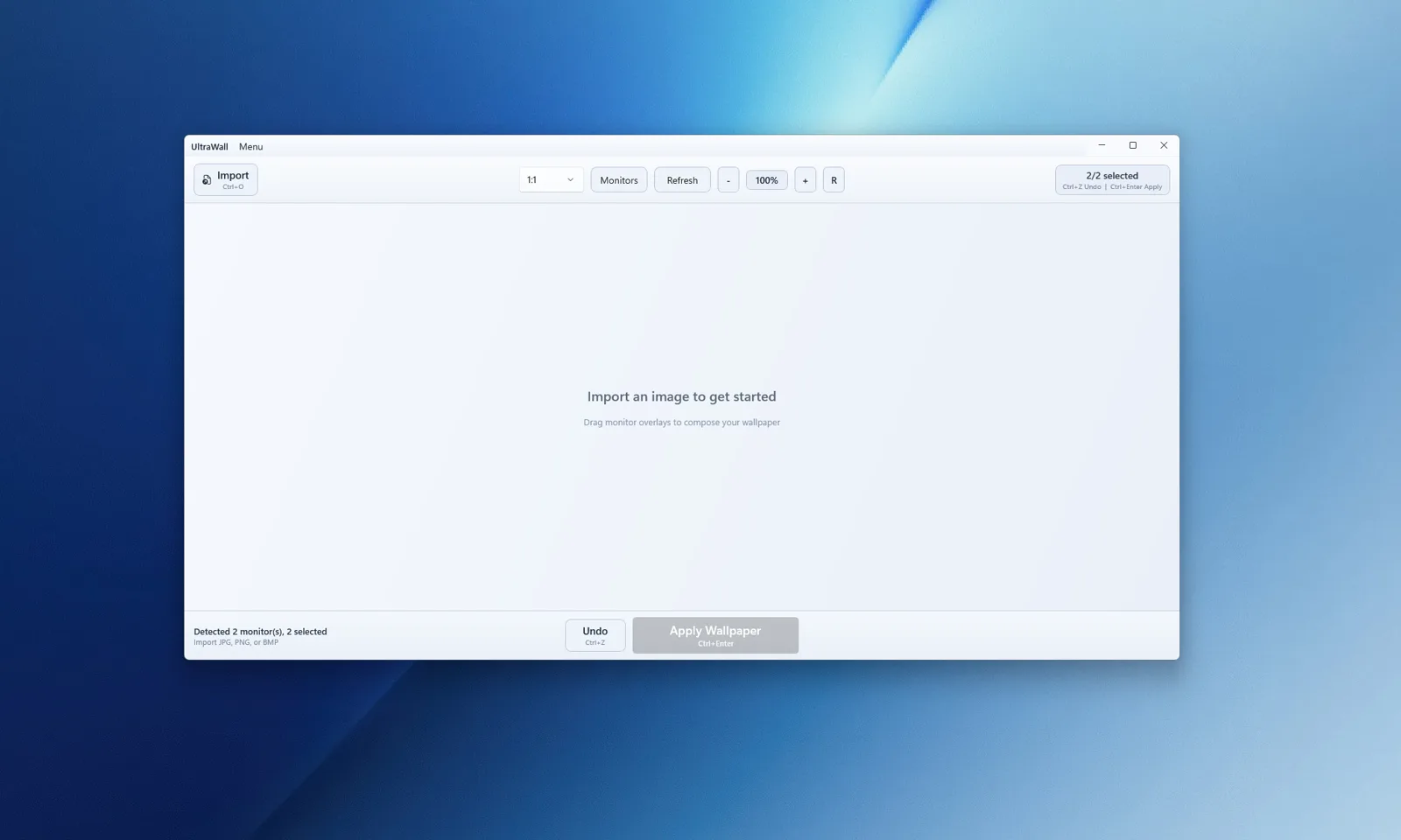 UltraWall empty state in light theme, prompting to import an image, two monitors detected