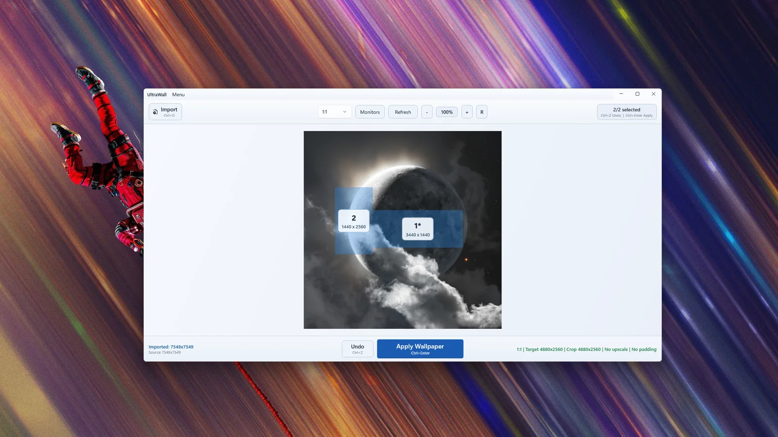 UltraWall placing two monitor overlays over a moon wallpaper on the composition canvas
