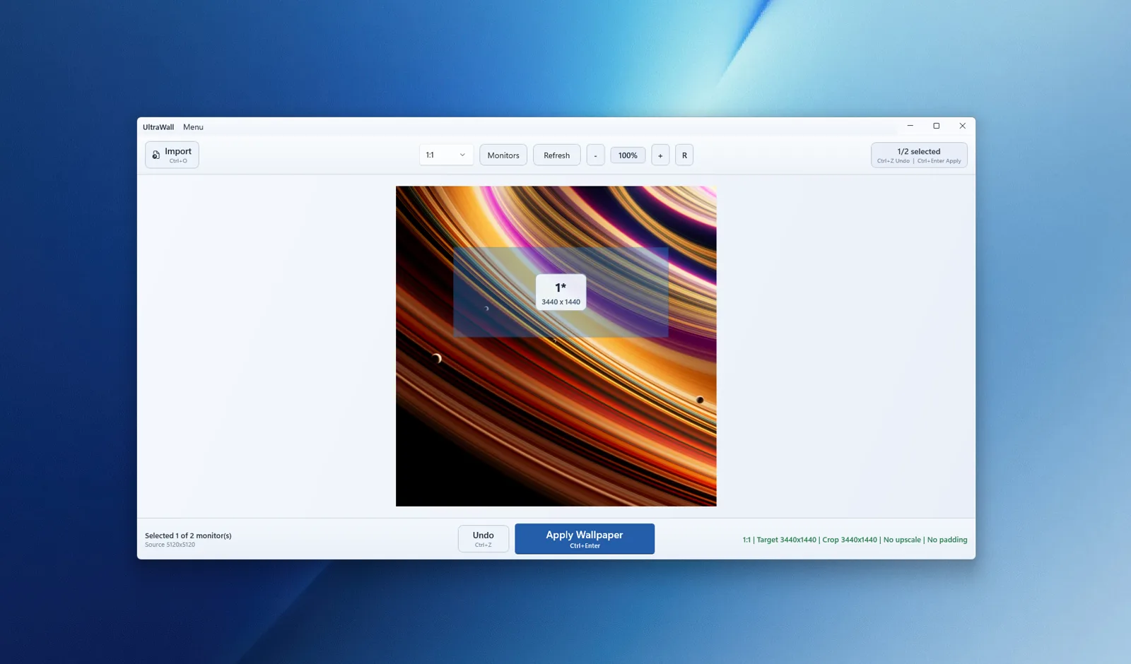 UltraWall with one of two monitors selected, targeting a single 3440 by 1440 display