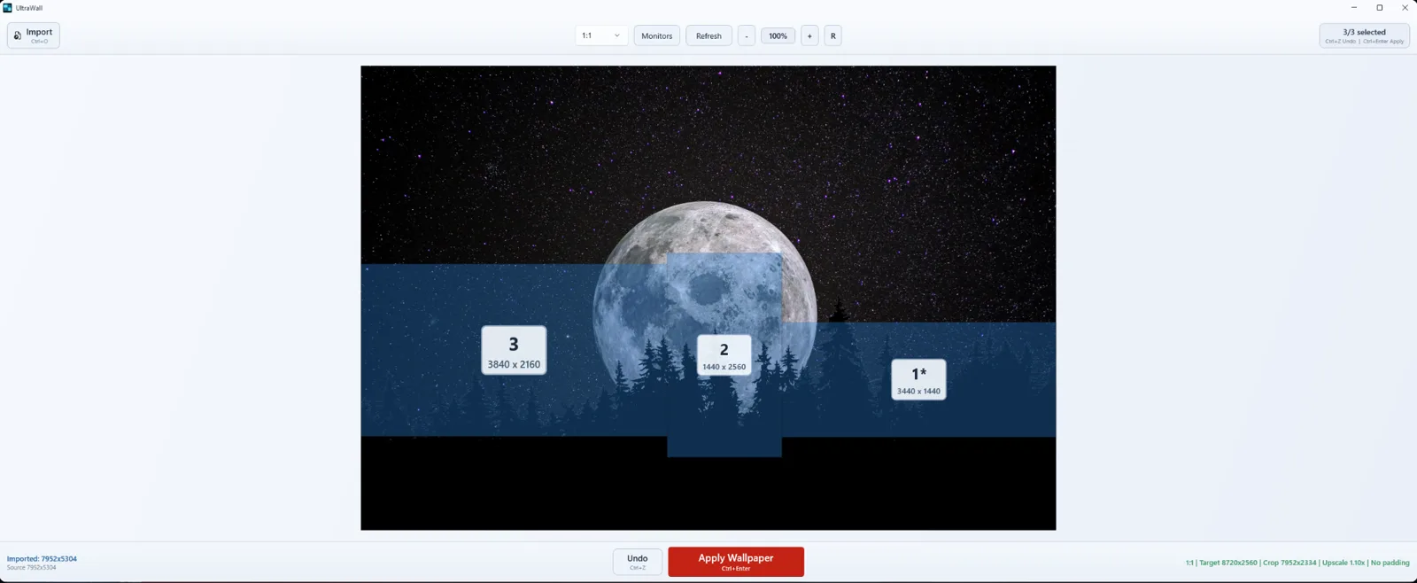 UltraWall canvas showing a wallpaper composed across a three-monitor desktop layout