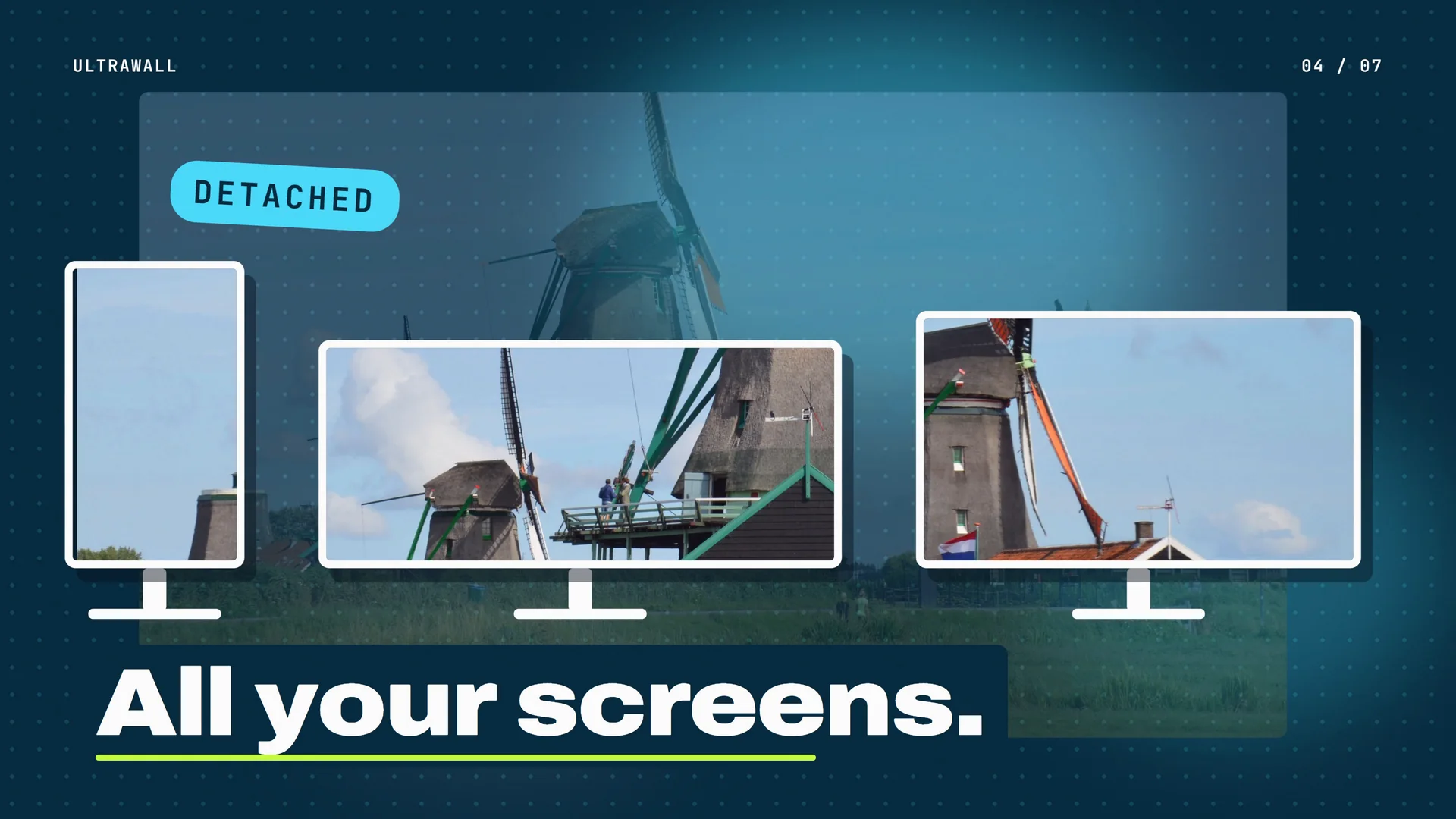 UltraWall trailer frame: one windmill photo framed across three monitors, with the words All your screens